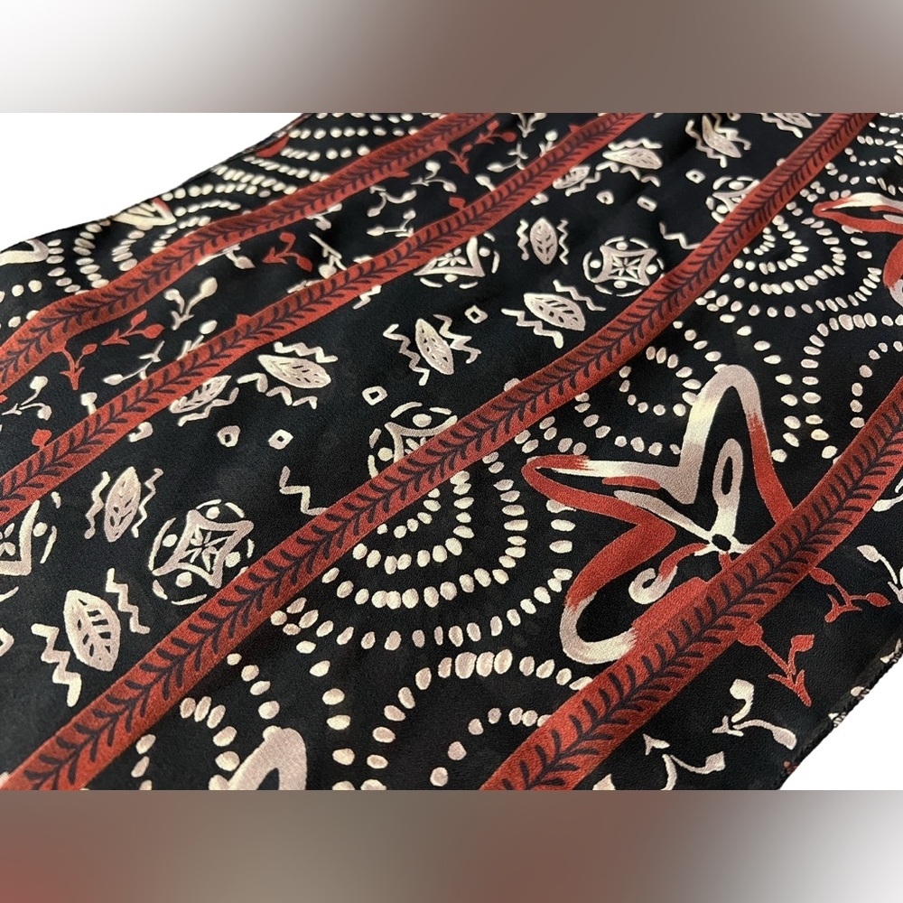 Elegant Black and Burnt Orange Patterned Scarf, approx. 10.5”x58” - Picture 4 of 10